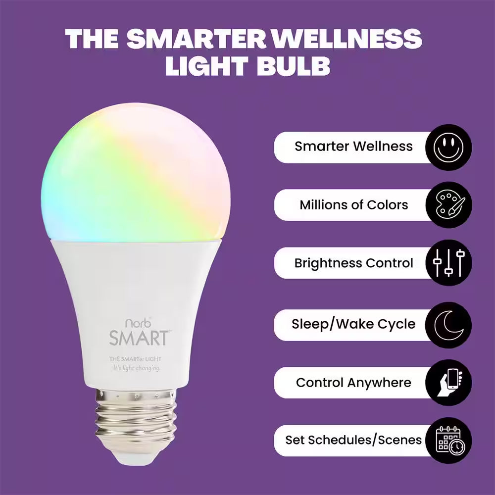 Norbsmart 9W Equivalent Smart RGBW-CCT Smile+Sleep Wellness Spectrum A19 2650-5000K LED Smart Light Bulb (4-Pack)