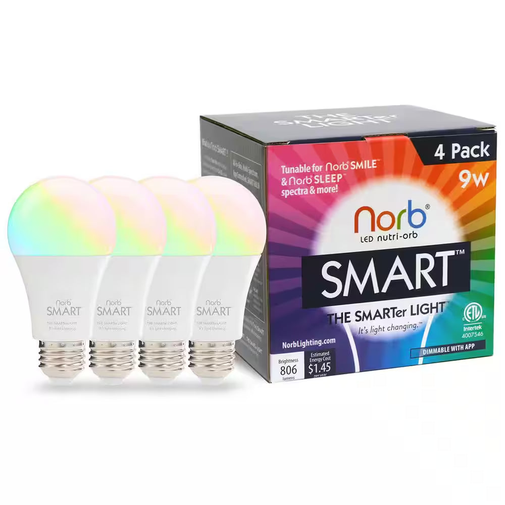 Norbsmart 9W Equivalent Smart RGBW-CCT Smile+Sleep Wellness Spectrum A19 2650-5000K LED Smart Light Bulb (4-Pack)