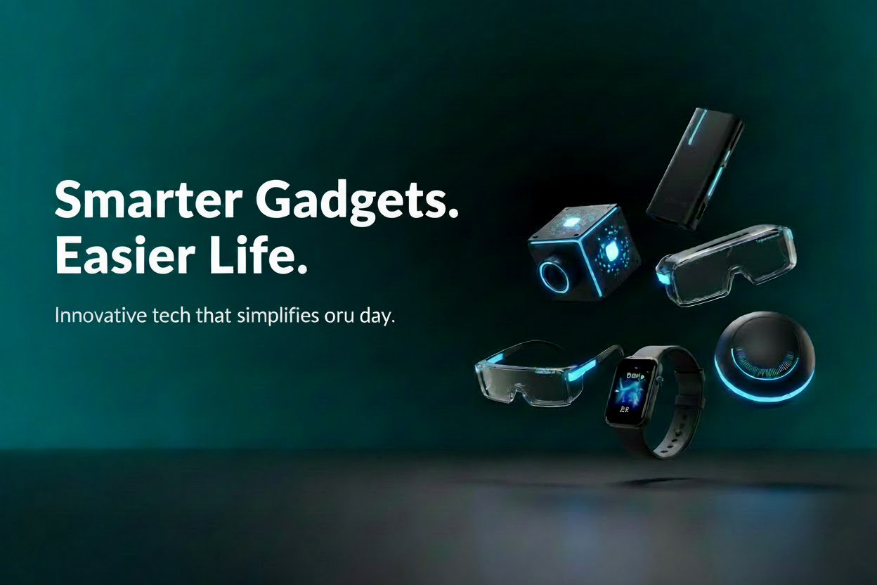 Futuristic smart gadgets floating on a dark matte background, glowing blue LED accents, minimalistic tech aesthetic, soft reflections on a black surface, dramatic lighting, high contrast, ultra realistic, modern technology showcase, cinematic lighting, 4k product photography style